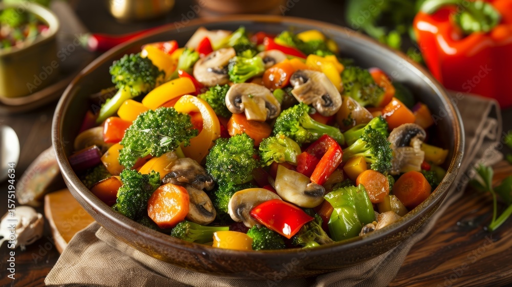 Poster a colorful stirfry loaded with an array of vegetables like bell peppers mushrooms broccoli and carro