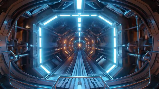Futuristic Spaceship Interior Corridor with Glowing Lights and Metallic Details