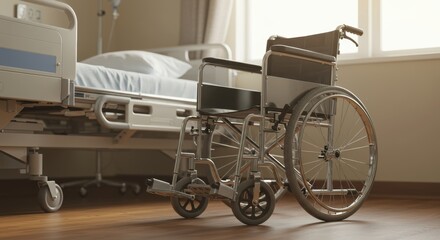 Fototapeta premium Bright and calm hospital room featuring an empty wheelchair symbolizing rehabilitation and healthcare access