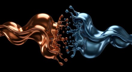 An abstract 3D render of a bronze and silver liquid metal splash colliding on a black background. A concept of fusion, contrast, dynamics, and luxury design element
