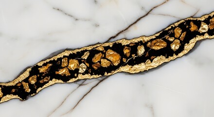 Luxury white marble texture with a black and gold kintsugi-style vein. Abstract background concept for interior design, geology, and the beauty of repaired imperfections