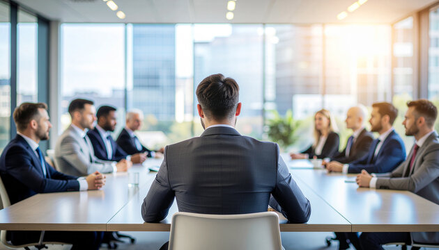 The back of a leader organizing a meeting against a blurry modern office backdrop. - Powered by Adobe