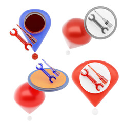 3D Auto Repair Workshop Location Pin Icon with Modern Vehicle Service and Navigation Map Style