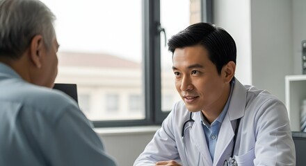 An attentive male Asian doctor consults with a senior patient in his office. A concept of compassionate healthcare, medical consultation, trust, geriatrics, and professional support