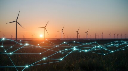 Sunset over a wind farm with glowing digital network lines overlaying the landscape, symbolizing renewable energy, smart grid technology, and the future of sustainable power infrastructure.

