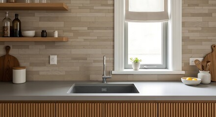 Modern kitchen interior featuring a sink, window, and minimalist decor creating a clean aesthetic