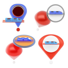3D Train Station Location Pin Icon with Modern Railway Transport and Map Navigation Style