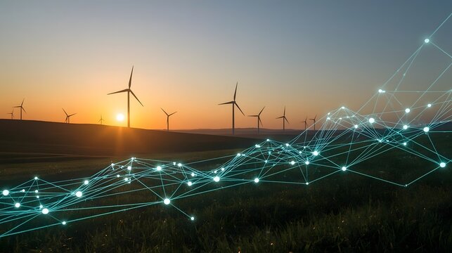 Sunset over a wind farm with glowing digital network lines overlaying the landscape, symbolizing renewable energy, smart grid technology, and the future of sustainable power infrastructure.

