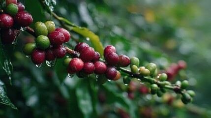 Ripe and unripe coffee cherries glistening with morning dew in lush greenery on a coffee plantation