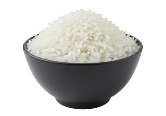 A black bowl filled with long grain white rice isolated on transparent background