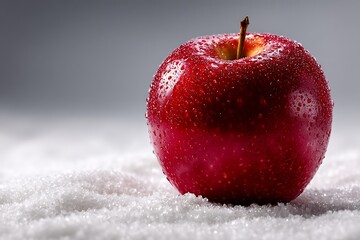 Fresh Red Apple with Water Droplets on White Crystals, Healthy Eating, Fruit, Still Life