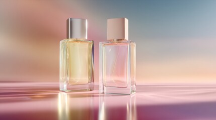 Two glass perfume bottles on reflective surface with pastel pink gradient background