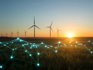 Sunset over a wind farm with glowing digital network lines overlaying the landscape, symbolizing renewable energy, smart grid technology, and the future of sustainable power infrastructure.

