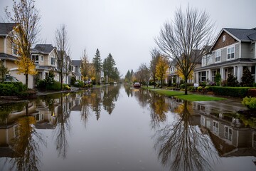 Fototapeta premium Flooded Suburban Street After Heavy Rain, Reflections of Houses, Weather, Disaster, Crisis
