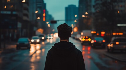 A man walks down a city street at night, the blurred lights of traffic and buildings behind him.