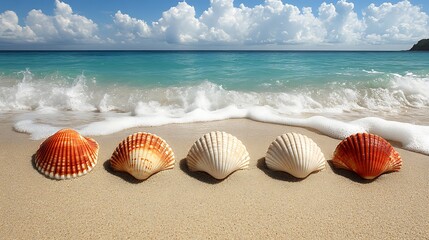 Obraz premium A mixture of large and small seashells scattered across the sand, with the light glinting off the ocean water in the background and gentle waves rolling in.