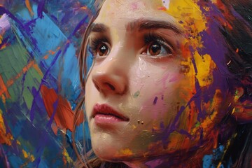 Close up painting of a woman with colorful abstract background in an expressive artistic style