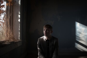 A young person in a suit sitting near a window with light streaming in a dimly lit room indoors
