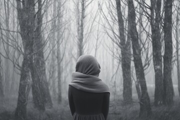 A person with a scarf standing in a foggy forest with bare trees in a monochrome aesthetic view