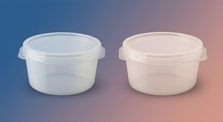 Two clear plastic food containers with lids, side-by-side against a gradient background.