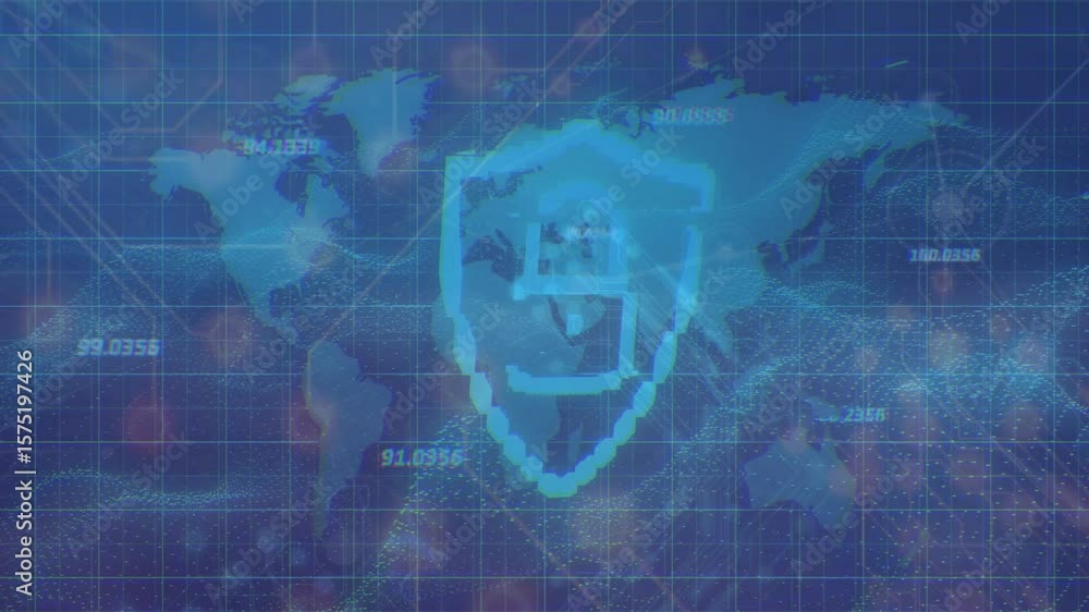 Poster glow intensifying map center activating shield tracing lock forming streams rippling securing data