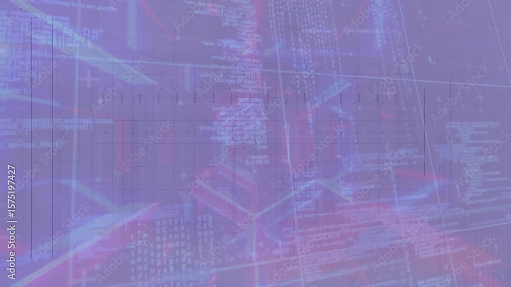 Poster starting code overlay and grid lines, central 3d network emerging, rotating and pulsing data flow