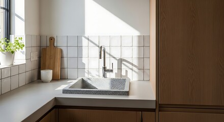 Modern kitchen interior showcasing sink, tile backsplash, and wooden cabinetry in natural light
