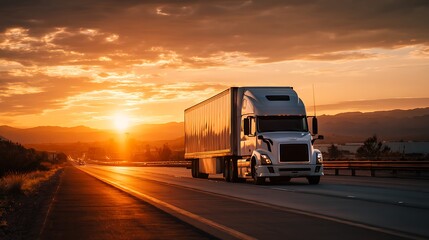 Obraz premium Semi Truck on Highway at Sunset, Transportation, Freight, Logistics, Delivery, Trucking