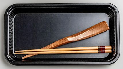 Traditional Wooden Chopsticks and Wooden Spatula on Black Serving Tray