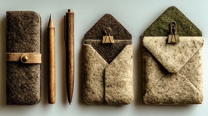 Felt Notebook Pen and Envelope Cases Set in Earth Tones on Light Background