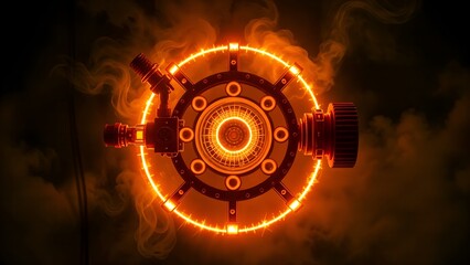 A glowing burning fire chamber with circle circular gate illustration of safety reactor in industry process