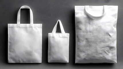 White Reusable Shopping Bags Set with Handles on Grey Background
