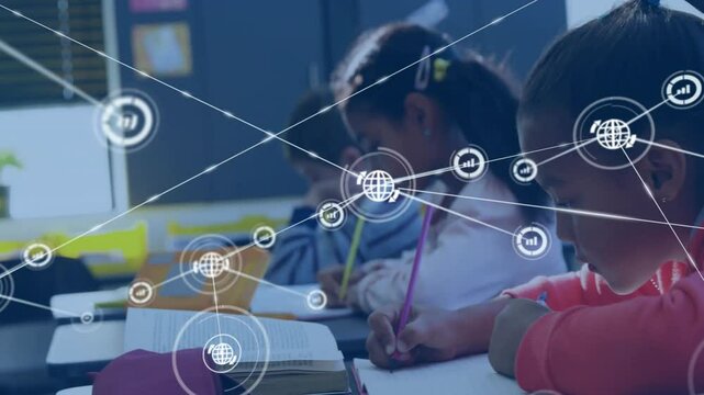 Children writing sparking animated data network expanding above desks showing learning connections - Powered by Adobe