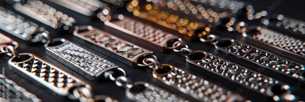 Poster luxurious keychains featuring dazzling geometric patterns.