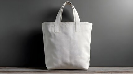 White Canvas Tote Bag Standing on Wooden Surface in Minimalist Scene