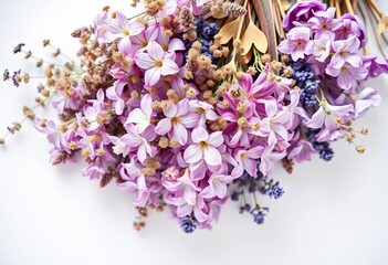 Delicate violet, lilac, and lavender dried flowers arranged in a bouquet on a white table Top view,  image,  flowers