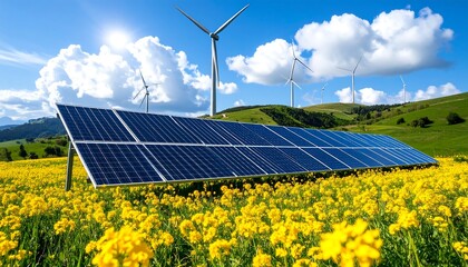 Solar panels and wind turbines in a field of flowers
