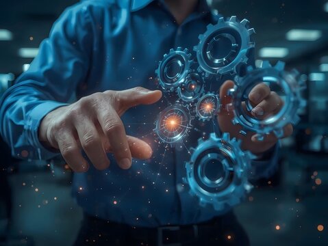 Futuristic interface with a human hand interacting with a glowing digital core, surrounded by holographic HUD graphics and blue technology elements, symbolizing innovation and control.

