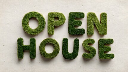Open House Sign Made of Green Moss on White Background for Real Estate Marketing