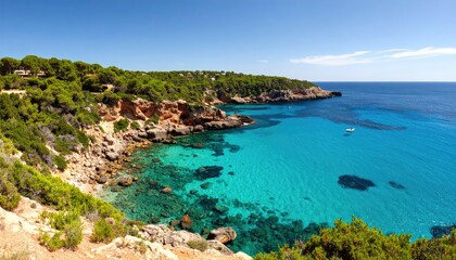 Naklejka premium Coastal view, vibrant turquoise water, green hills