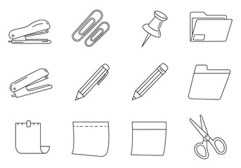 A black  white illustration of assorted stationery icons