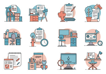 A collage of illustrations depicting desk scenes with various objects like computers books plants and writing materials