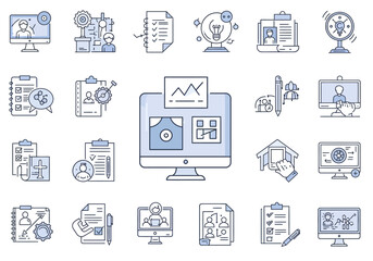 A collection of 20 lightblueandwhite businessrelated icons in a clean minimalist style