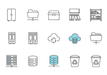 Array of icons including cabinets folders servers clouds databases and recycling bins