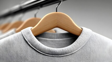 Gray Crew Neck Sweater Hanging on Wooden Clothes Hanger in Closet