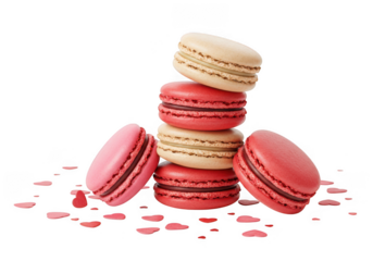 Stack of assorted macarons with scattered heart shapes isolated on transparent background