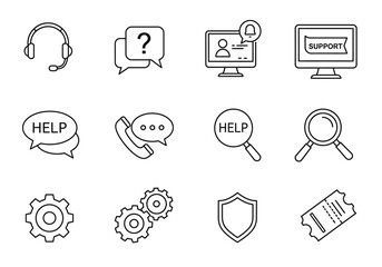 Black and white line art icons of support help and assistance symbols © Chico Store