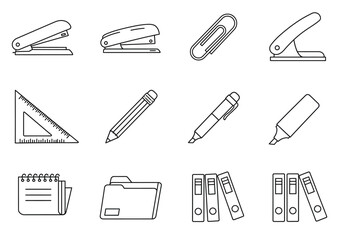 Black and white outline drawings of various office supplies arranged in rows and columns