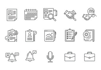 Black linedrawn HRrelated icons depict resume calendar contract checklist bell microphone and briefcase