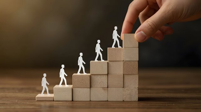 Conceptual image of human development, leadership, and career growth showing paper cutout figures ascending wooden blocks as a hand places the final step, symbolizing success and support.

